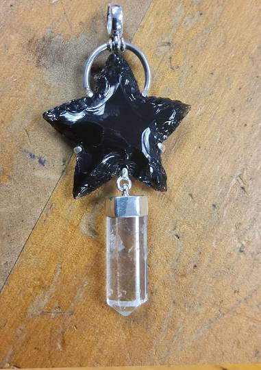 Sterling Silver Obsidian Star and Quartz Pendant